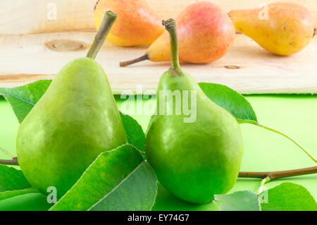Grüne Birne und Birne Filiale auf einem Holztisch mit orange Birnen im Hintergrund Stockfoto