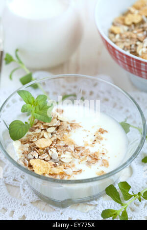 Glasschale mit hausgemachten Joghurt und Müsli (Sonnenblumenkerne, Mais, Hafer und Gerste Flocken und Nüssen), selektiven Fokus Stockfoto