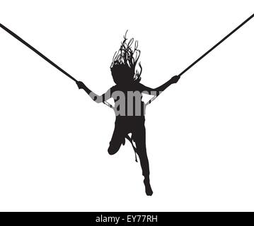 Silhouette Vector Illustration einer Luft springen von einem jungen Mädchen mit langen frei fließenden Haar auf Bungee Trampolin. Stock Vektor