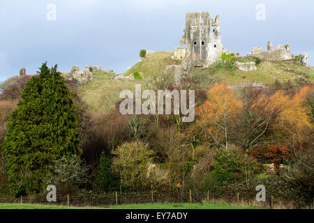 Ein Blick auf den historischen Überresten des 11. Jahrhunderts Corfe Castle, von Wilhelm dem Eroberer in Dorset, England an einem Wintertag gebaut Stockfoto