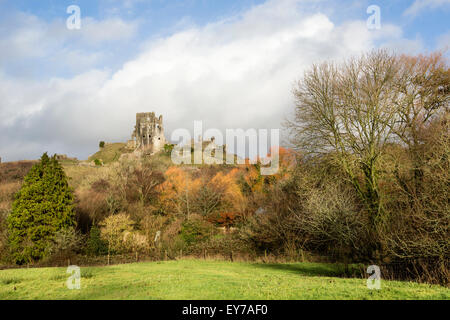 Ein Blick auf den historischen Überresten des 11. Jahrhunderts Corfe Castle, von Wilhelm dem Eroberer in Dorset, England an einem Wintertag gebaut Stockfoto