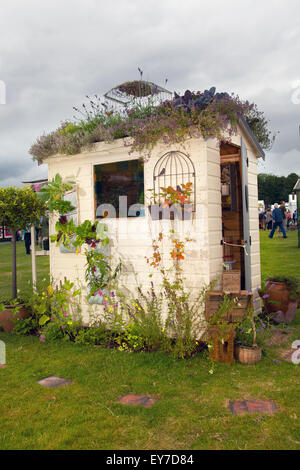 Lustige Gärtner Holzbemalter Schuppen, seltsamer Garten oder Lagerung im Freien Gebäude, Gartengeräte und liefert maßgeschneiderte Schuppen mit Heidedach im Tatton Park, Cechhire, UK Juli 2015. The Lost Gardens of Manchester - DIY Garden Sheds, personalisiertes bemaltes Hinterhof Shed Design Designer: Sean Harkin  RHS Members Day bei der RHS Festival Flower Show 17.. Stockfoto