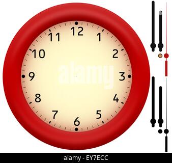 Einfache Uhr mit roten Kunststoff-Rahmen. Hände und ihre alpha-Kanal separat bereitgestellt Stockfoto