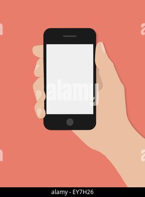 Hand mit Smartphone auf rotem Grund. Flaches design Stock Vektor