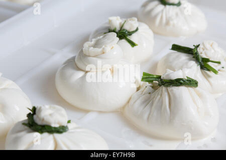 Frische Burrata Käse Köpfe auf einer Produktion Stockfoto