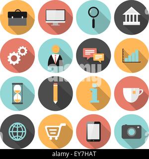 Flache Runde Business und marketing Web Icons set mit langen Schatten Stock Vektor