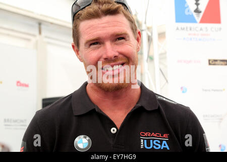 Southsea, Hampshire, UK. 23. Juli 2015. Rennyachten angekommen aus Southsea Common für die America Cup World Series. Die Skipper-Pressekonferenz im Pressezentrum beim Americas Cup Credit: Uknip / Alamy Live News Stockfoto