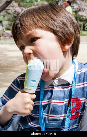 Junges Kind, Junge, 3-4 Jahre alt, in einem hellen grün und blau gefärbte Eis beißen Lolly während draußen mit Frühling Kirschblüten im Hintergrund. Stockfoto