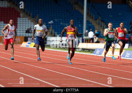 Kieran DALY, Deji TOBAIS, Dwain CHAMBERS, Andrew ROBERTSON, Andre WRIGHT, Herren 100m Halbfinale 3 2014 Sainsbury britischen Meisterschaften Birmingham Alexander Stadion UK Stockfoto