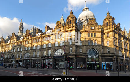 Leeds Kirkgate Stadtmarkt Gebäude Panorama, Markthalle größte in Europa, Vikar Lane Stockfoto