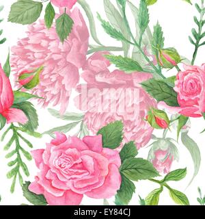 Vintage nahtlose handbemalte Textur mit rosa Blumen auf weißem Hintergrund Stockfoto