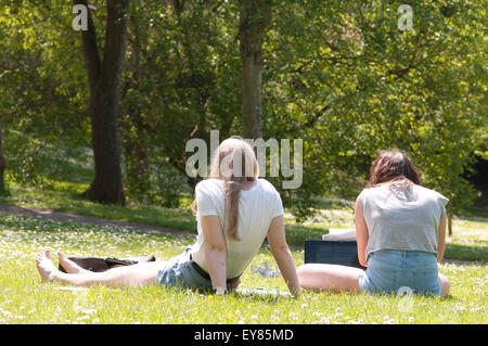 Ansicht von hinten von zwei Studenten sitzen auf dem Rasen studieren Stockfoto