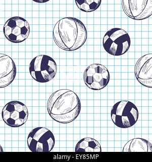Nahtloses Muster mit Hand gezeichnet verschiedene Sport-Kugeln auf karierten Hintergrund Interfacemodule Stock Vektor