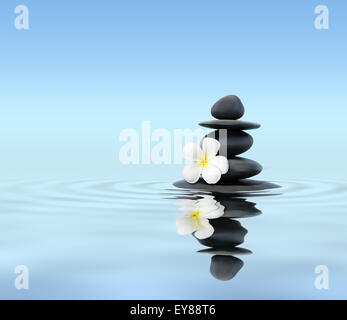 Zen Spa Konzept Hintergrund - Zen massage Steinen mit Frangipani Plumeria Blume im Wasserreflexion Stockfoto