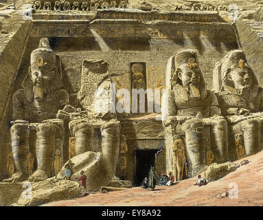 Ägypten. Abu Simbel. Große Tempel von Ramses II. Gravur. des 19. Jahrhunderts. Farbige. Stockfoto