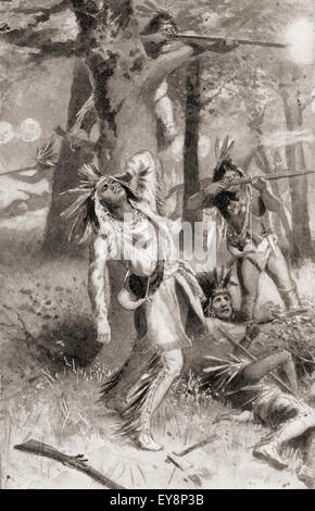 Der Tod von Tecumseh während der Schlacht an der Themse, 5. Oktober 1813.  Tecumseh, 1768 –1813.  Indianische Anführer der Shawnee und einem großen Stammes-Konföderation bekannt als Tecumsehs Konföderation. Stockfoto