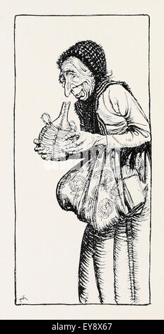 "Die alte Frau und das Wein-Glas" Fabel von Aesop (ca. 600). Eine alte Frau fand ein leeres Glas Wein und genossen den Geruch von den vorherigen Inhalt. Die Erinnerung an eine gute Tat lebt. Illustration von Arthur Rackham (1867-1939). Siehe Beschreibung für mehr Informationen. Stockfoto