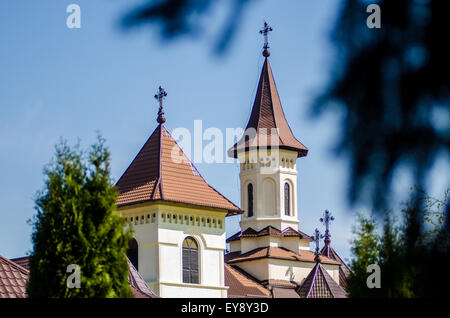 Die gemalten Klöster Rumäniens Historisches Kloster mit lebhaften Fresken, eingebettet in eine grüne Landschaft unter einem hellblauen Himmel Stockfoto