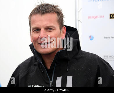 Amerikas Cup Skipper Tage zwei Southsea Event Village Southsea, Hampshire Freitag, 24. Juli 2015.   Da schlechtes Wetter weiterhin die South America Cup auf Southsea Common Oracle Team USA Skipper einen Dämpfer aufsetzen lash: Jimmy Spithill Artemis Racing Skipper: Nathan Outteridge, BAR – Ben Ainslie Racing Skipper/Steuermann: Sir Ben Ainslie Softbank Team Japan Skipper: Dean Barker Groupama Team Frankreich Skipper / Steuermann: Franck Cammas, Emirates Team New Zealand Skipper: Peter Burling. Tägliche Pressekonferenz Credit: Uknip / Alamy Live News Stockfoto