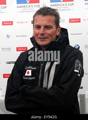 Amerikas Cup Skipper Tage zwei Southsea Event Village Southsea, Hampshire Freitag, 24. Juli 2015.   Da schlechtes Wetter weiterhin die South America Cup auf Southsea Common Oracle Team USA Skipper einen Dämpfer aufsetzen lash: Jimmy Spithill Artemis Racing Skipper: Nathan Outteridge, BAR – Ben Ainslie Racing Skipper/Steuermann: Sir Ben Ainslie Softbank Team Japan Skipper: Dean Barker Groupama Team Frankreich Skipper / Steuermann: Franck Cammas, Emirates Team New Zealand Skipper: Peter Burling. Tägliche Pressekonferenz Credit: Uknip / Alamy Live News Stockfoto