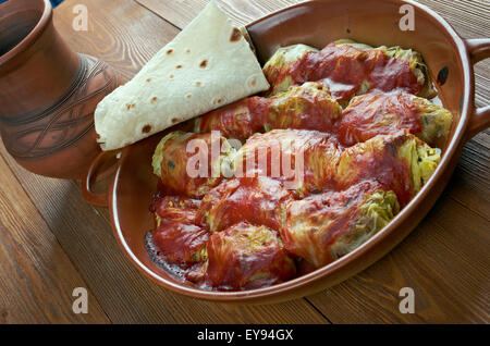 Holishkes - traditionelle jüdische Kohl Roll dish.cabbage Blätter eingewickelt in Paket-Manier um gehacktem Fleisch und Tomaten sauc Stockfoto