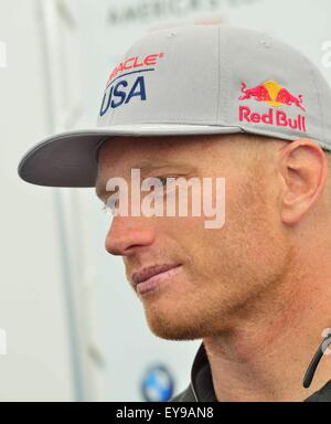 Portsmouth, Hampshire, UK - 23. Juli 2015-Pressekonferenz der Skipper von den sechs teams die Teilnahme an den Louis Vuitton America Cup World Series Portsmouth racing.  Jimmy Spithill Skipper. Oracle Team U.S. Credit: Gary Blake /Alamy Live-Nachrichten Stockfoto