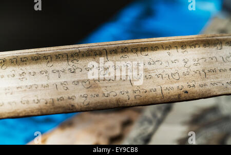 Carving in Sanskrit auf lontar Blätter, Tenganan Pegringsingan, Bali, Indonesien Stockfoto