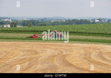 Case IH Traktor mit DC132 Scheibenmäher schneiden Luzerne; Strasburg, Pennsylvania, Vereinigte Staaten von Amerika Stockfoto