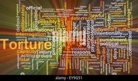 Hintergrund-Konzept Wordcloud Illustration Folter leuchtende Licht Stockfoto