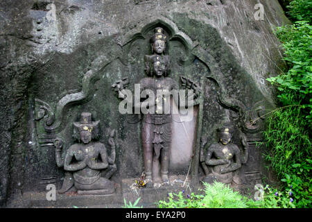 Schnitzereien an Khumer Tempel Wat Phu Champasak, Laos Stockfoto