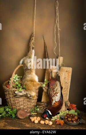 Antike alte Meister Jagd Stillleben mit Fasan und Hase Stockfoto