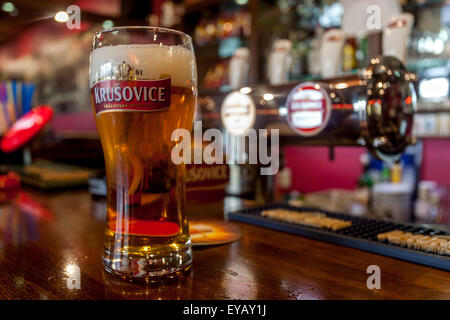 Krusovice Bier Glas in Prag Bar in der Tschechischen Republik Stockfoto