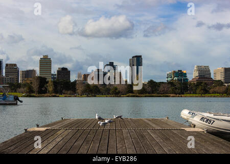 Ein Schuss getroffen von Melbourne aus Albert Park Lake, mit einem Steg und Möwen im Vordergrund. Stockfoto