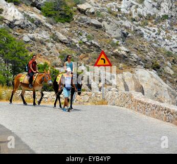 Zwei weibliche Touristen Esel reiten hinunter die Straße von antiken Thira, der Badeort von Kamari, Santorini, Griechenland Stockfoto