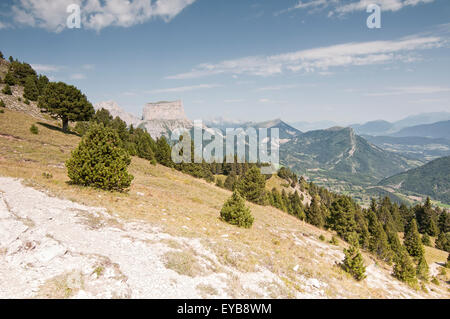 Ansicht des Hochlandes im Regionalpark Vercors, mit dem Mount Aiguille im Hintergrund. Isere. Französische Alpen. Frankreich. Stockfoto