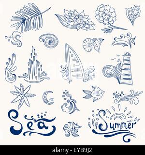 Doodle Stil Urlaub Anzeichen für Design mit Worten Meer und Sommer Stock Vektor