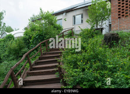 Alte hölzerne gebogene Treppe hinauf durch das Dickicht des grünen Grases Stockfoto