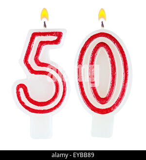 Geburtstagskerzen Zahl fünfzig isoliert auf weißem Hintergrund Stockfoto