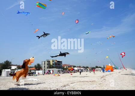 Farbenfroh und Tier geformt Drachen fliegen über einem Strand. Stockfoto