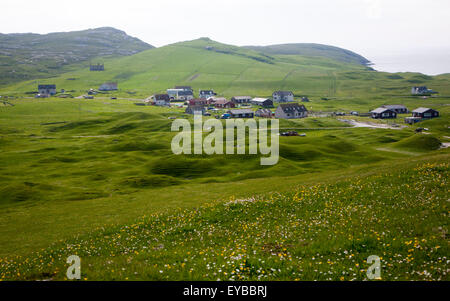 Häuser in der Landwirtschaft Siedlung Dorf von Bhatarsaigh, Vatersay, Barra, äußeren Hebriden, Schottland, UK Stockfoto