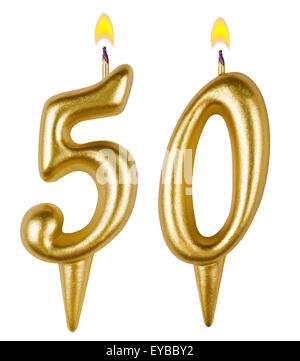 Geburtstagskerzen Zahl fünfzig isoliert auf weißem Hintergrund Stockfoto