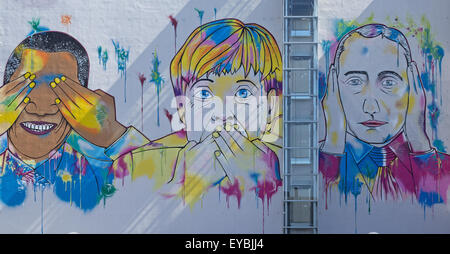 Barack Obama, Angela Merkel, Vladimir Putin Straße Kunst Wandbild auf Gebäude Stockfoto