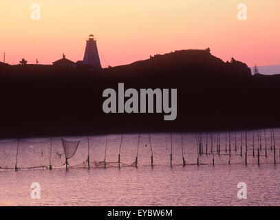 Schwalbenschwanz-Leuchtturm am Sonnenaufgang, North Head, Grand Manan Island, Bay Of Fundy, New Brunswick, Kanada Stockfoto