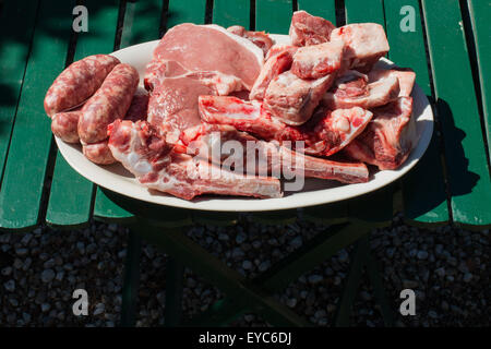 verschiedene Arten von rohem Fleisch in einer weißen Keramik Schale auf einem grünen Holztisch bereit zum Grillen Stockfoto