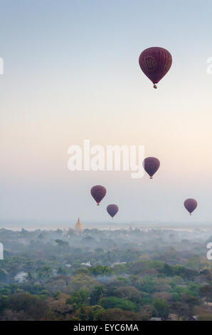 Sonnenaufgang mit Ballons über die Tempel von Bagan, Myanmar Stockfoto