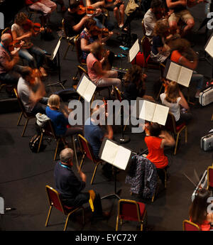 Violine-Abschnitt in einem Orchester in der Probe Stockfoto