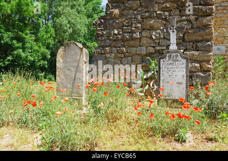 Grabsteine auf dem Friedhof der Kirche von Saint-Martin de Pinet, PInet, l'Aveyron, Midi-Pyrénées, Frankreich, Europa Stockfoto