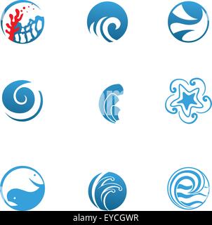Blaue Meer Icons Set Marine abstrakte Symbole für Reise- und Meeresfrüchte-Restaurant-Geschäft Stock Vektor