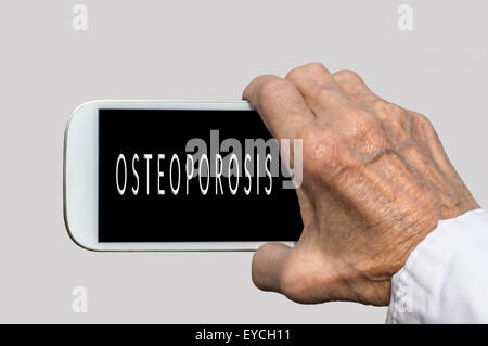 Das Smartphone im Alter Hase mit Osteoporose Text auf dem Bildschirm. Selektiven Fokus Stockfoto