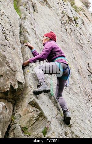 Ältere Frau weibliche Bergsteiger mit Sicherheit Toprope Klettern auf Felsen Riss in eine steile Felswand. Snowdonia, Wales, UK, Großbritannien Stockfoto